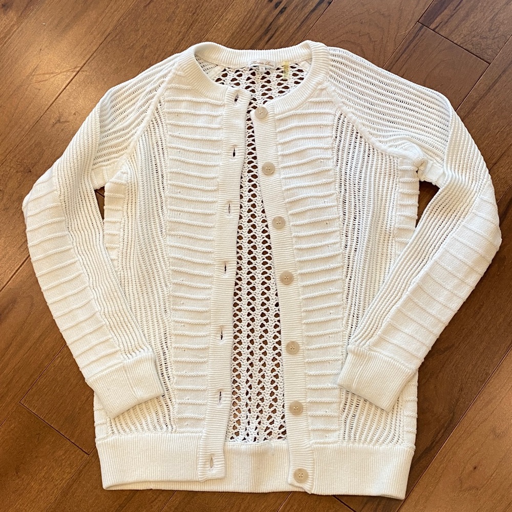 Minnie Rose Cream Open Knit Button-Front Cardigan